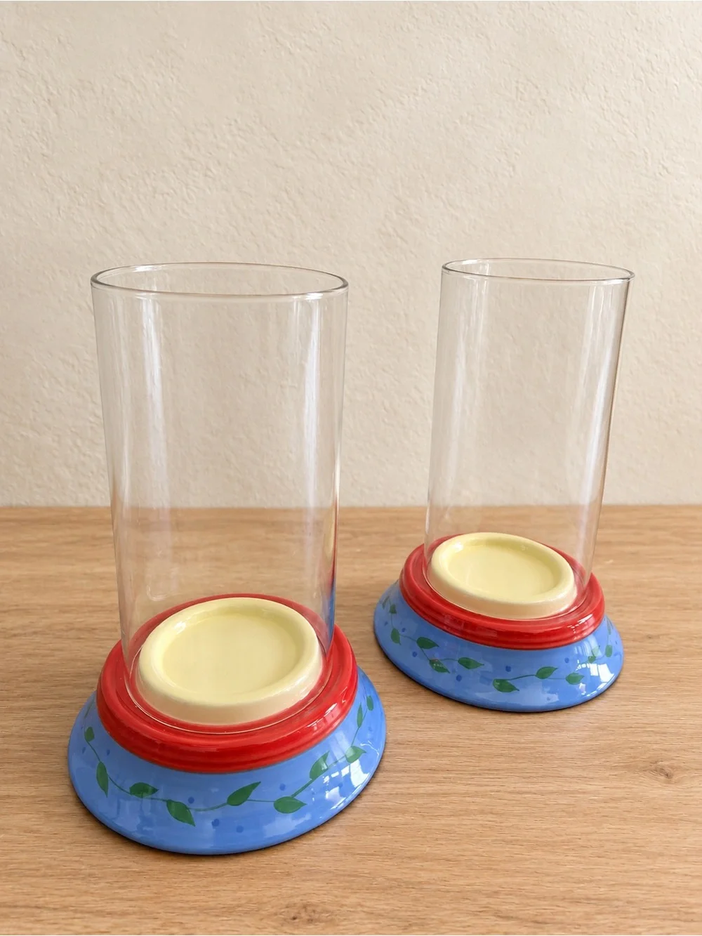 Decorative Blue Glass Hurricane Candle Holders with Red Trim (Pair)